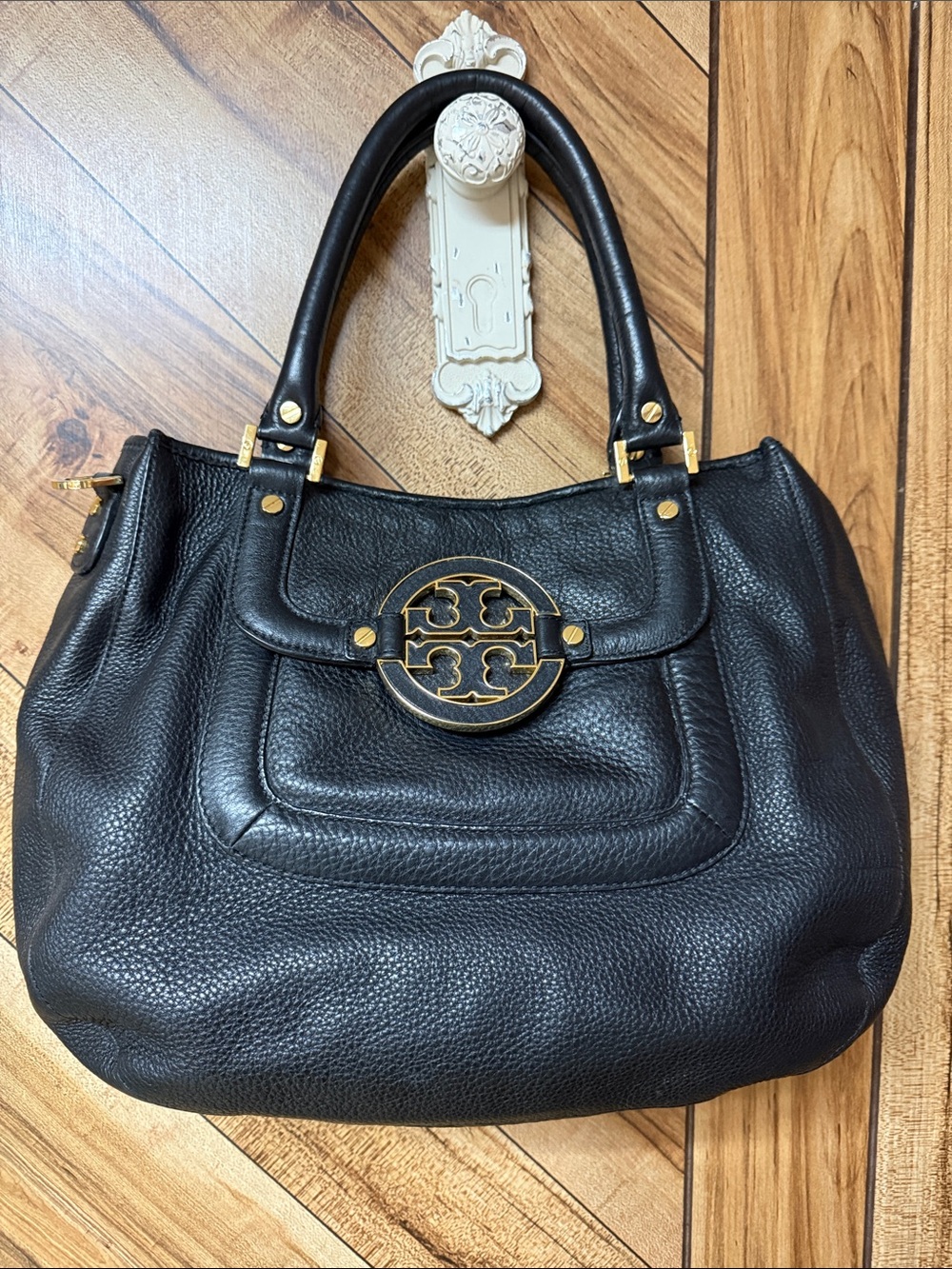 Tory Burch Black Pebbled Leather Satchel with Gold Logo